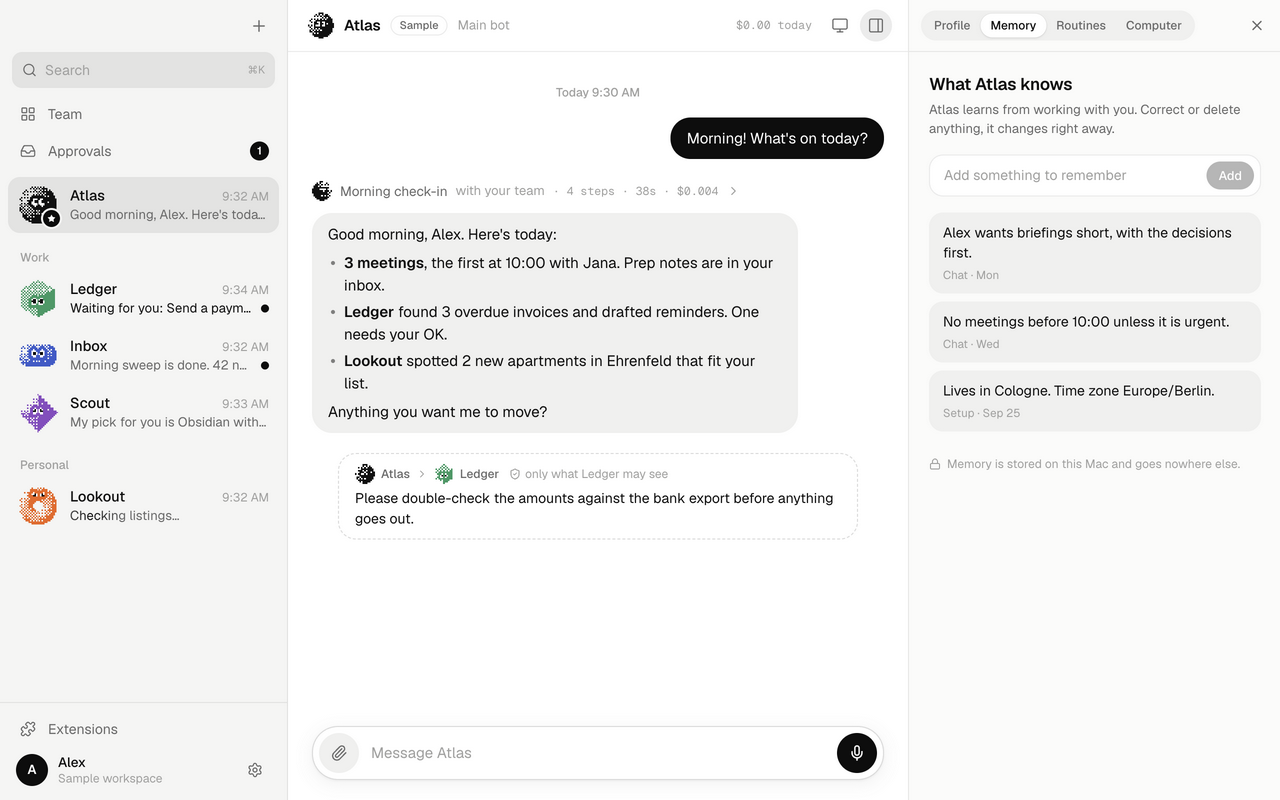 Hesperan Bots desktop interface: Atlas conversation, a sidebar of five colourful bots, and the bot's memory panel, populated with example data.
